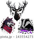 The image shows three stylized illustrations of animals a deer, a wolf, and a badger 143554273