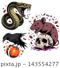 The image features three spooky Halloween-themed vector illustrations 143554277