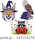 The image features three Halloween-themed digital illustrations depicting a lynx wearing a witch's hat 143554278