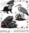 The image features a highly detailed toad, an otter wearing a pirate hat, and a grey heron holding an antique lantern 143554279