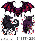 The illustration shows a set of Halloween-themed vector illustrations featuring a purple-red vampire bat 143554280