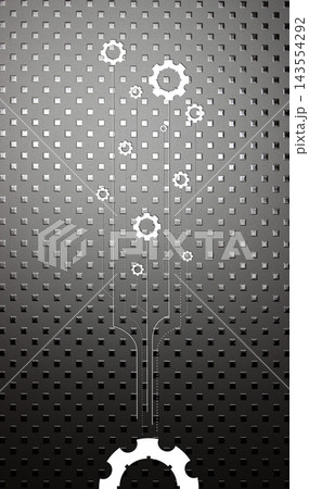 White silhouettes of gears on metal sheet with textured embossed squares  143554292