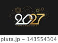 Celebrating 2027 New Year. Elegant minimalistic greeting card for happy event with abstract golden fireworks,white and gold numbers on dark background.Template for poster,flyer,web.Vector illustration 143554304