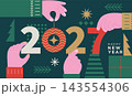 New Year greeting banner for 2027. Hands holding gold, red, white numbers present New Year. Holiday card, modern design with geometric symbols of holiday Christmas tree, gold star, gifts. Vector 143554306