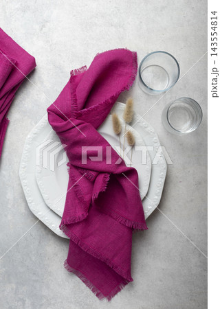 Fuchsia Pink Fringed Linen Napkin Place Setting Top View Fuchsia Pink Fringed Linen Napkin Place Setting Top View 143554814