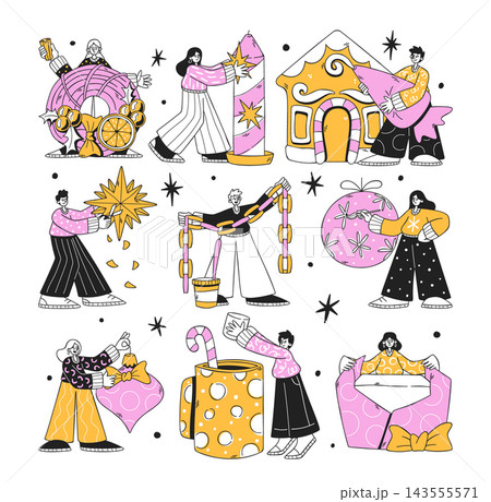 Christmas Characters Decorating Winter Holidays Cartoon Christmas Characters Decorating Winter Holidays Cartoon 143555571