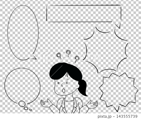 A female office worker is overflowing with questions and speech bubbles. 143555739