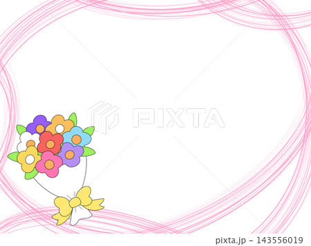 カラフルな花束とピンクの曲線のかわいいフレーム 143556019