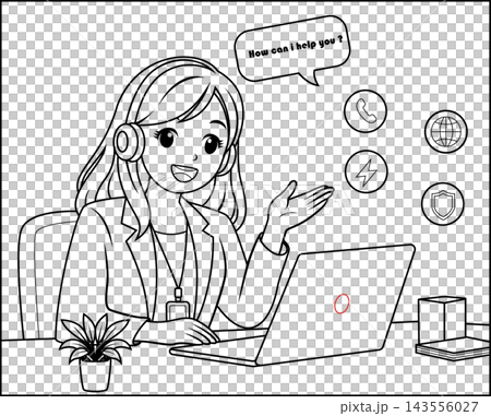 Cute Customer Service Girl With Headset Using Laptop Outline 143556027