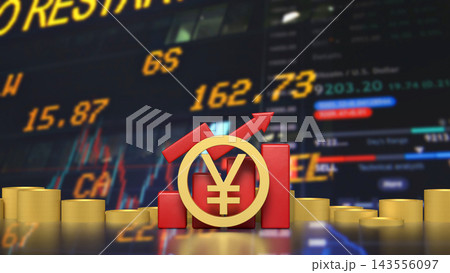 Japanese Yen Symbol with Rising Chart and Gold Coins 3d render. 143556097