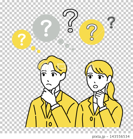 插圖描繪了一對年輕的男女工人，他們雙手托腮，陷入沉思。 （黃色） 143556534