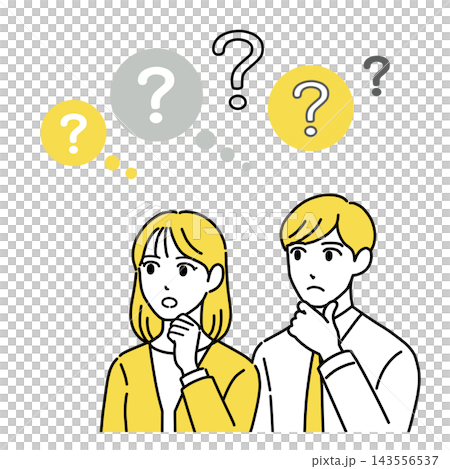 Illustration of a young working man and woman with their hands on their chins, deep in thought. (Yellow) 143556537