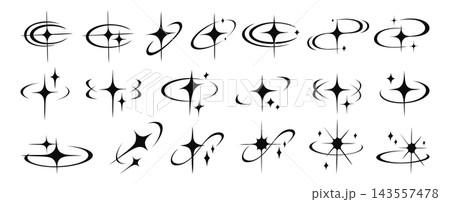 Orbit star symbols feature sleek rings, sharp sparkles and curved cosmic forms in a cohesive Y2K set Orbit star symbols feature sleek rings, sharp sparkles and curved cosmic forms in a cohesive Y2K set 143557478