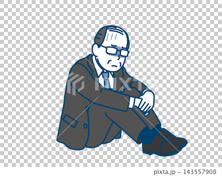 An illustration of a middle-aged office worker sitting with his knees hugged to his chest, looking dejected. An illustration of a middle-aged office worker sitting with his knees hugged to his chest, looking dejected. 143557908
