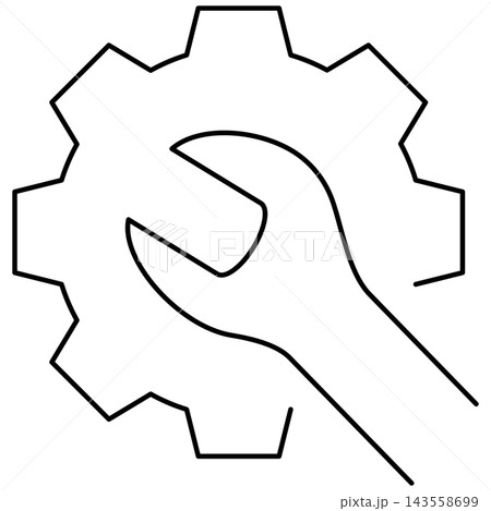 Line art style icon illustration of a gear wheel with wrench tool symbol isolated on transparent background. Minimalist thin line design element clip art for service setup UI. 143558699