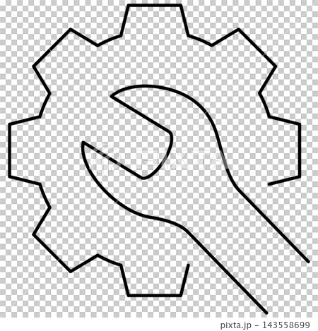 Line art style icon illustration of a gear wheel with wrench tool symbol isolated on transparent background. Minimalist thin line design element clip art for service setup UI. Line art style icon illustration of a gear wheel with wrench tool symbol isolated on transparent background. Minimalist thin line design element clip art for service setup UI. 143558699