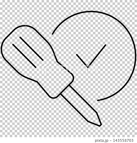 Line art style icon illustration of a screwdriver tool with checkmark badge isolated on transparent background. Minimalist thin line element for repair completed UI. Line art style icon illustration of a screwdriver tool with checkmark badge isolated on transparent background. Minimalist thin line element for repair completed UI. 143558703