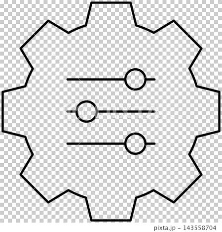 Line art style icon illustration of a gear wheel with adjustment sliders isolated on transparent background. Minimalist thin line design element for system control UI. Line art style icon illustration of a gear wheel with adjustment sliders isolated on transparent background. Minimalist thin line design element for system control UI. 143558704