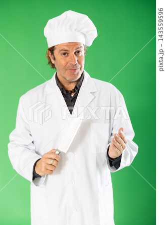 Man cook with knife address appeal to imaginary interlocutor, explain technology. Man cook with knife address appeal to imaginary interlocutor, explain technology. 143559596