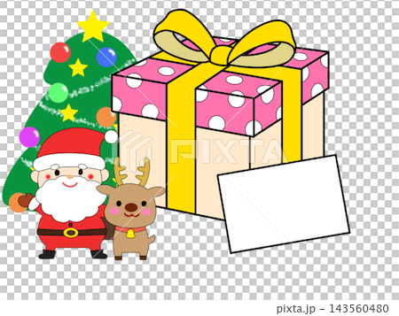 Christmas message card featuring Santa and reindeer, a Christmas tree, and a large gift. Christmas message card featuring Santa and reindeer, a Christmas tree, and a large gift. 143560480