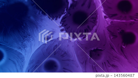 Spatter texture. Paint drop. Defocused purple blue neon color chemical round droplets liquid pigment spreading on abstract acrylic background. Spatter texture. Paint drop. Defocused purple blue neon color chemical round droplets liquid pigment spreading on abstract acrylic background. 143560487