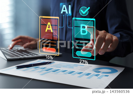 複数のWebサイトデザイン案のA/Bテストと最適化のためのAI。マーケティング戦略。B案を指すビジネ 143560536