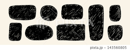 Black hand drawn crayon text box frame set. Brush stroke doodle border collection. Rough texture edge rectangle or square shapes. Vector pastel chalk sketch scribbles for sticker, patch, label Black hand drawn crayon text box frame set. Brush stroke doodle border collection. Rough texture edge rectangle or square shapes. Vector pastel chalk sketch scribbles for sticker, patch, label 143560805