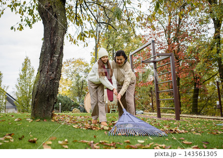 Raking autumn leaves in garden. Raking autumn leaves in garden. 143561305