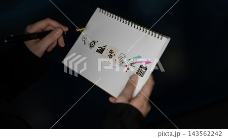 Illustration of hands holding a notepad with business icons representing growth, analysis, planning, and time management concepts in a creative workspace. Sentient Illustration of hands holding a notepad with business icons representing growth, analysis, planning, and time management concepts in a creative workspace. Sentient 143562242