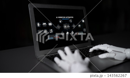 Robot Hands Interacting with Laptop Displaying AI Workflow Automation Icons for Technology and Innovation Concepts in Dark Environment Haptic Robot Hands Interacting with Laptop Displaying AI Workflow Automation Icons for Technology and Innovation Concepts in Dark Environment Haptic 143562267