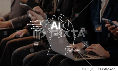 Modern Business Meeting with Artificial Intelligence Concept in Focus, Digital Transformation, Collaboration, Innovation, Technology and Communication in Action. Raster 143562327