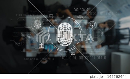 Digital Security Concept with Fingerprint and Data Visualization in Modern Office Setting Featuring Diverse Professionals Engaged in Technology Interaction. Raster 143562444