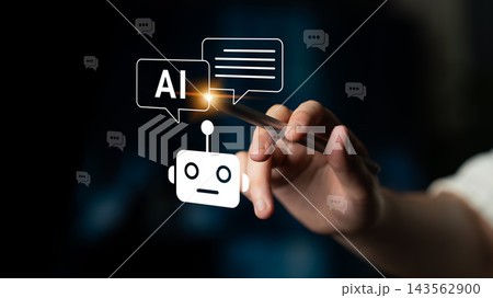 Hand Holding Pen Writing About Artificial Intelligence with Chat Bubbles and Robot Icon Representing Communication and Technology Concepts. Glyphic Hand Holding Pen Writing About Artificial Intelligence with Chat Bubbles and Robot Icon Representing Communication and Technology Concepts. Glyphic 143562900