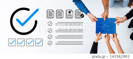 Team Collaboration in Business with Checkmarks, Papers, and Puzzle Piece Symbolizing Success and Completion in an Office Environment Cyphers. 143562901