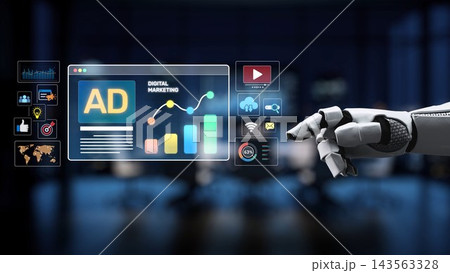 Robotic Hand Interacting with Digital Marketing Interface Displaying Ad Analytics, Charts, and Icons in Modern Office Environment Synapse Robotic Hand Interacting with Digital Marketing Interface Displaying Ad Analytics, Charts, and Icons in Modern Office Environment Synapse 143563328