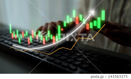 Hands Typing on Keyboard with Stock Market Chart Overlaid, Financial Analysis Concept with Rising Graph and Indicators for Business Growth Copula Hands Typing on Keyboard with Stock Market Chart Overlaid, Financial Analysis Concept with Rising Graph and Indicators for Business Growth Copula 143563375