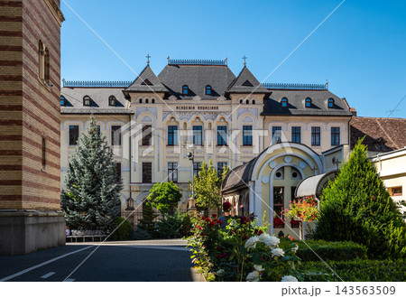 Academia Andreiana building facade with courtyard garden in Sibiu Romania 143563509