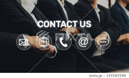 Professional Business Communication Concept Featuring Contact Icons with Diverse Professionals in Suits Taking Action Towards Client Engagement. Raster Professional Business Communication Concept Featuring Contact Icons with Diverse Professionals in Suits Taking Action Towards Client Engagement. Raster 143563599