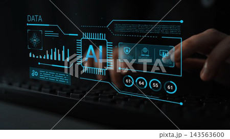 Futuristic AI Data Analysis Interface with Hands Typing on Keyboard and Digital Screens Displaying Analytics and Insights in Dark Room Setting Gluon Futuristic AI Data Analysis Interface with Hands Typing on Keyboard and Digital Screens Displaying Analytics and Insights in Dark Room Setting Gluon 143563600