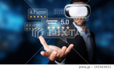 Virtual Reality Experience with Customer Reviews and Ratings Displayed in Hands of Business Professional with Digital Background. Raster 143563651
