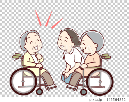 介護、高齢者と楽しく会話をするスタッフ 介護、高齢者と楽しく会話をするスタッフ 143564852