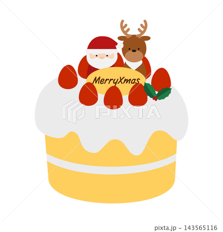 サンタクロースとトナカイが乗ったかわいい苺のクリスマスケーキのイラスト サンタクロースとトナカイが乗ったかわいい苺のクリスマスケーキのイラスト 143565116