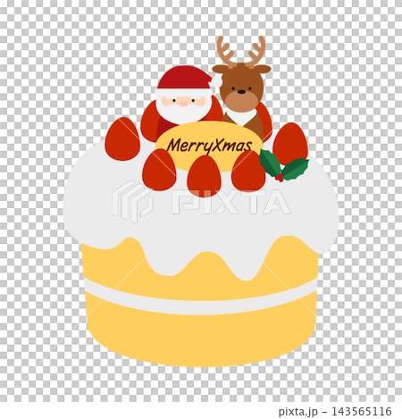 サンタクロースとトナカイが乗ったかわいい苺のクリスマスケーキのイラスト サンタクロースとトナカイが乗ったかわいい苺のクリスマスケーキのイラスト 143565116