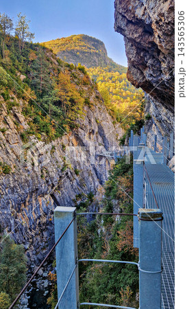 Panticosa metal walkway, Pasarelas de Panticosa. Footpath of the metal footbridge in Panticosa in the Pyrenees, Spain Panticosa metal walkway, Pasarelas de Panticosa. Footpath of the metal footbridge in Panticosa in the Pyrenees, Spain 143565306