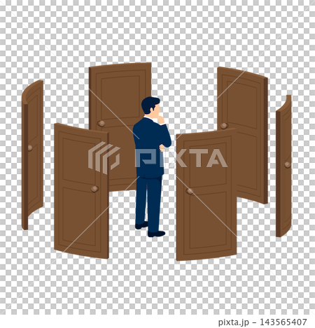 A businessman considering options in front of multiple doors: a business illustration depicting decision-making and career choices. A businessman considering options in front of multiple doors: a business illustration depicting decision-making and career choices. 143565407
