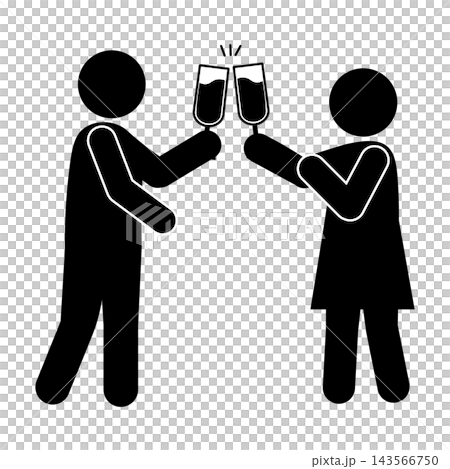 Silhouettes of a man and woman toasting with glasses - pictogram, monochrome 143566750