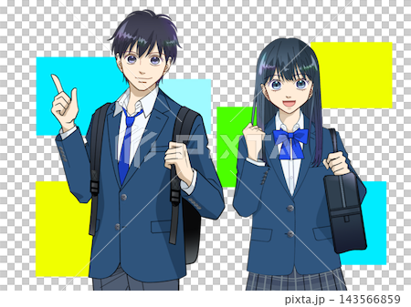 Anime-style illustrations of high school or middle school boys and girls, with colorful backgrounds and white backgrounds. 143566859