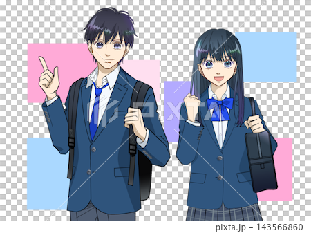 Anime-style illustrations of high school or middle school boys and girls, with colorful backgrounds and white backgrounds. 143566860
