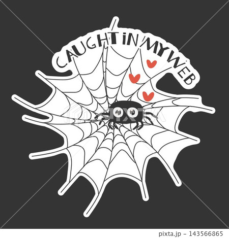 Cute Halloween spider on web with caught in my web lettering vector sticker design Cute Halloween spider on web with caught in my web lettering vector sticker design 143566865