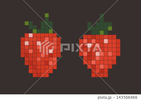 Pixel strawberry set with red berries on dark brown background in retro vector style 143566866